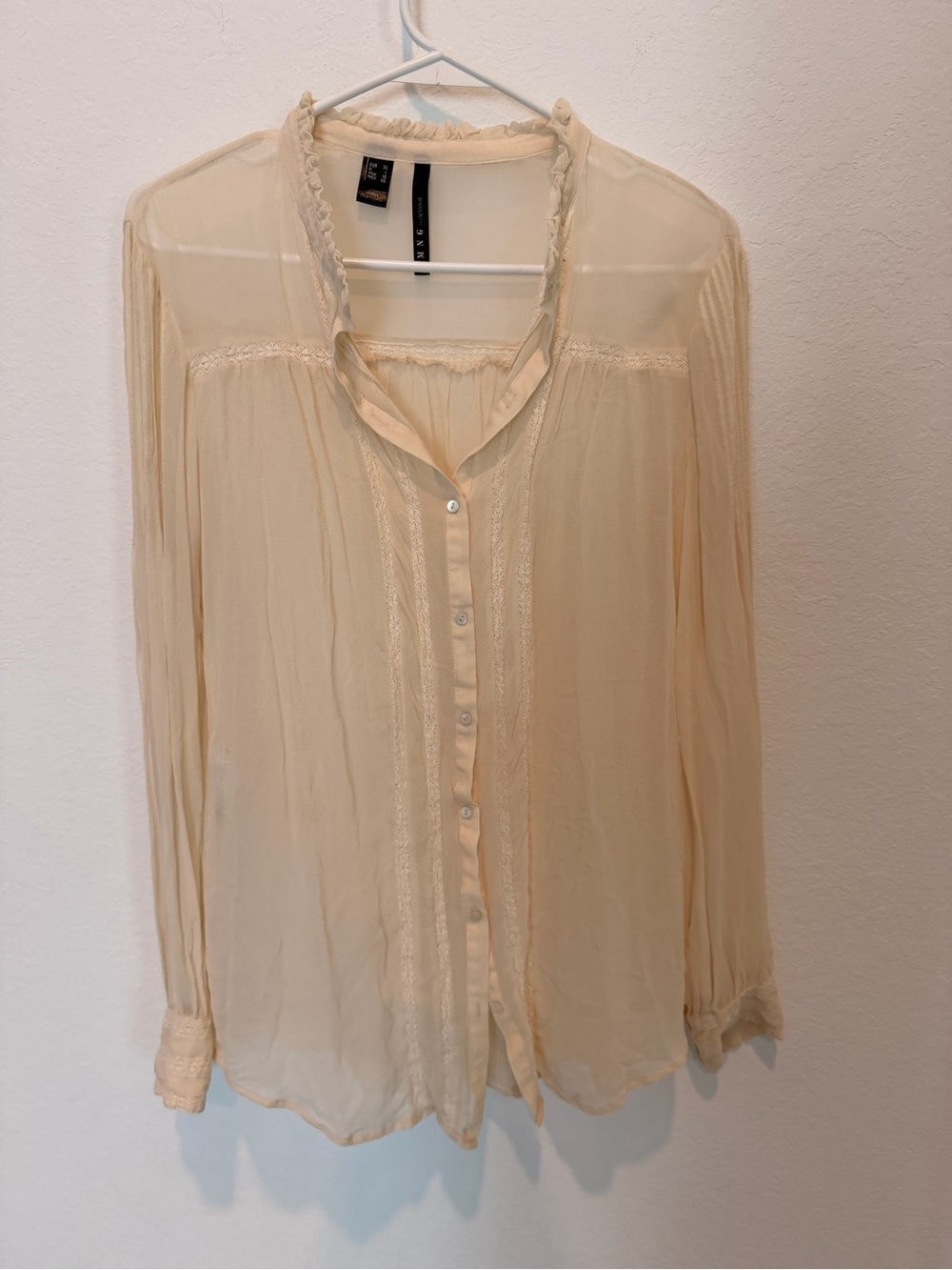 Mango 100 silk Sheer Lace-Trim Button-Down Blouse